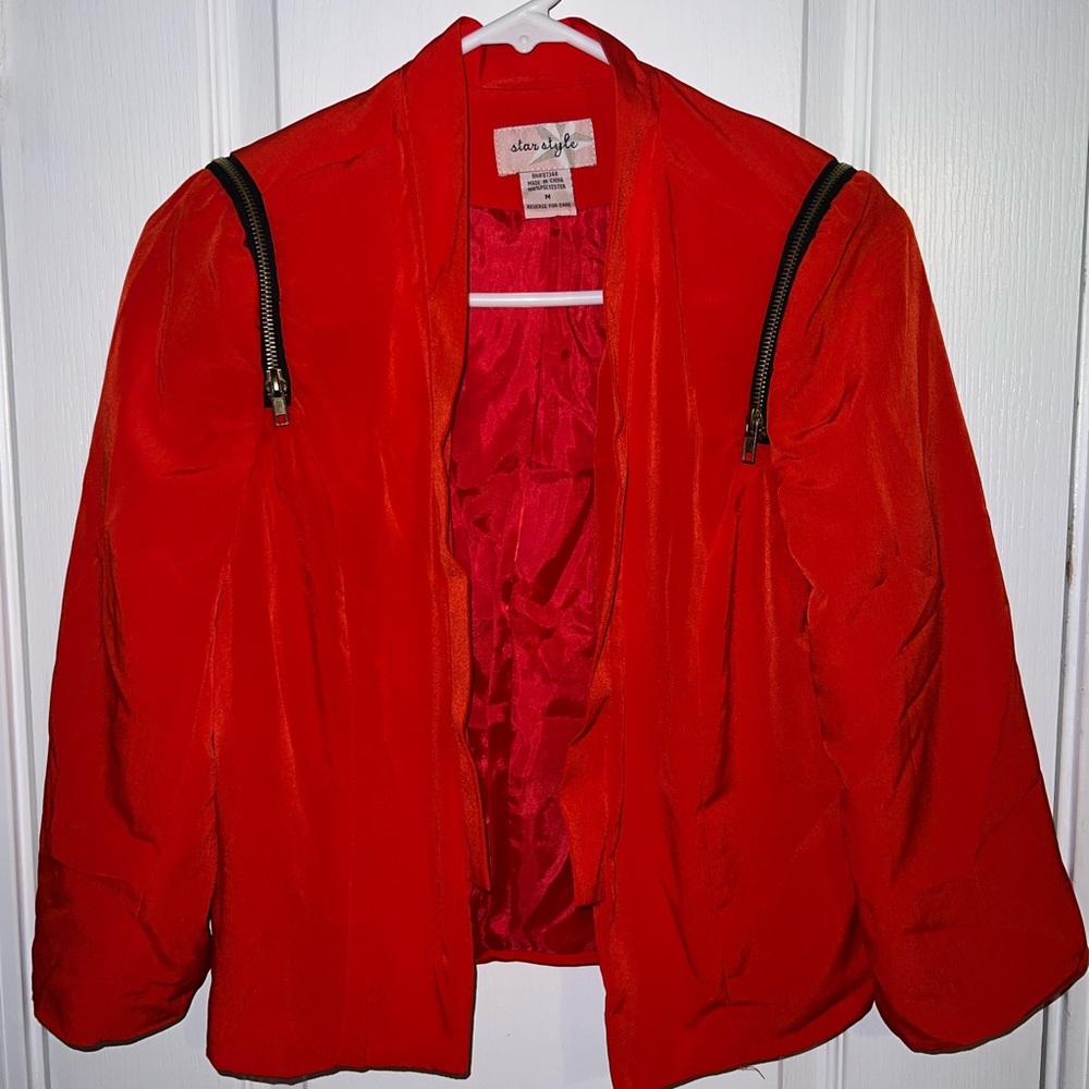 Star Style Red Cropped Blazer Jacket Zip Shoulder Detail Size M